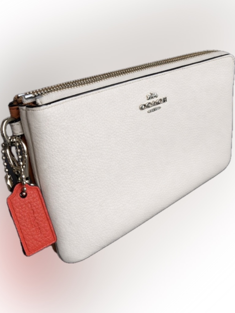 COACH 91622 Double Zip Wristlet Colorblock Chalk Light Saddle Pebbled Leather